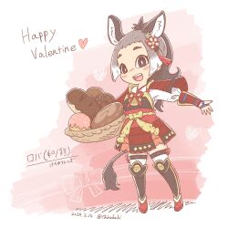Rule 34 | 1girl, animal ears, armor, black eyes, bread, donkey (kemono friends), donkey ears, donkey girl, donkey tail, extra ears, food, grey hair, hair ornament, happy valentine, heart, highres, japanese armor, kemono friends, long hair, looking at viewer, pink background, ponytail, shirabaki, simple background, solo, tail, valentine