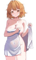 Rule 34 | 1girl, bandaid, bandaid on face, breasts, brown eyes, brown hair, calin, cleavage, collarbone, covered navel, highres, holding, kantai collection, large breasts, naked towel, oboro (kancolle), short hair, simple background, solo, standing, towel, white background