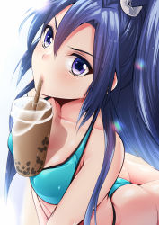 Rule 34 | 1girl, ahoge, amasora taichi, aqua bikini, ass, bad id, bad pixiv id, between breasts, bikini, blue eyes, blue hair, blush, breast press, breasts, bubble tea, bubble tea challenge, cleavage, close-up, collarbone, commentary request, cup, drinking straw, hair between eyes, highres, kazanari tsubasa, light particles, lips, long hair, looking at viewer, medium breasts, midriff, navel, one side up, pink lips, senki zesshou symphogear, serious, shiny skin, solo, stomach, stretching, swimsuit, thighs
