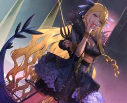 Rule 34 | 1girl, blonde hair, blue dress, bracelet, breasts, cleavage, dark-skinned female, dark skin, dragon girl, dragon horns, dragon tail, dress, facial mark, fate/grand order, fate (series), hand on own face, hiiragi (karashriker), holding, holding weapon, horns, jewelry, large breasts, long hair, looking at viewer, sharp teeth, smile, solo, tail, teeth, tongue, tongue out, vritra (fate), weapon, yellow eyes