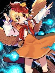 Rule 34 | 1girl, animal, animal on head, bird, bird tail, bird wings, blonde hair, blush, chick, dress, feathered wings, feet out of frame, highres, howhow notei, long sleeves, multicolored hair, niwatari kutaka, on head, orange dress, red eyes, shirt, short hair, solo, tail, touhou, two-tone hair, whistle, white shirt, wings