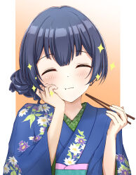 Rule 34 | 1girl, absurdres, black hair, blue kimono, blush, chopsticks, closed mouth, dot nose, eating, floral print, gradient background, hair between eyes, hair bun, hand on own face, happy, highres, holding, holding chopsticks, idolmaster, idolmaster shiny colors, japanese clothes, kimono, long sleeves, looking at viewer, morino rinze, obi, obiage, orange background, sash, short hair, simple background, smile, solo, sparkle, zerox ilst