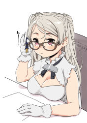 Rule 34 | 1girl, bespectacled, blush, breast rest, breasts, brown-framed eyewear, chair, cleavage, closed eyes, closed mouth, commentary request, conte di cavour (kancolle), conte di cavour nuovo (kancolle), dress, glasses, gloves, grey hair, harukaze unipo, highres, holding, holding pen, kantai collection, large breasts, long hair, paper, pen, pink eyes, simple background, sitting, solo, table, white background, white dress, white gloves