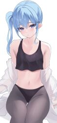 Rule 34 | 1girl, :/, bare shoulders, black panties, black pantyhose, black shirt, blue eyes, blue hair, blush, closed mouth, cropped shirt, dot nose, fawny, feet out of frame, hair between eyes, hair ornament, head tilt, highleg, highleg panties, highres, hololive, hoshimachi suisei, legs together, long hair, long sleeves, looking at viewer, navel, off shoulder, open clothes, open shirt, panties, panties under pantyhose, pantyhose, raised eyebrows, shirt, side ponytail, sidelocks, simple background, sitting, sleeveless, sleeveless shirt, solo, stomach, underwear, virtual youtuber, white background, white shirt, x hair ornament