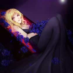 Rule 34 | 10s, 1girl, bare arms, bare shoulders, black dress, blonde hair, blue flower, blue rose, breasts, cleavage, coffin, curly hair, diabolik lovers, dress, eyelashes, flower, highres, huoye, knees up, komori yui, lips, lying, open mouth, pale skin, petite, pink eyes, rejet, rose, solo