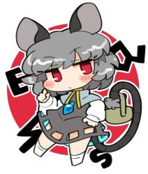 Rule 34 | 1girl, animal, animal ears, black dress, blush, capelet, chibi, closed mouth, dress, full body, grey capelet, grey hair, highres, ini (inunabe00), jewelry, mouse (animal), mouse ears, mouse tail, nazrin, pendant, red eyes, short hair, socks, solo, tail, touhou, white socks