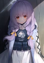 Rule 34 | 1girl, absurdres, atsuko (blue archive), blue archive, bulletproof vest, halo, highres, jacket, long hair, looking at viewer, nodoameyatou, purple hair, red eyes, ribbon, solo, white jacket, yellow ribbon