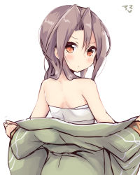 Rule 34 | 10s, 1girl, alternate hairstyle, amano kouki, back, bare shoulders, blush, brown eyes, brown hair, hair down, highres, japanese clothes, kantai collection, light brown hair, long hair, looking at viewer, looking back, sarashi, simple background, solo, undressing, white background, zuihou (kancolle)