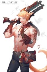 Rule 34 | 1boy, abs, absurdres, ammunition, animal ears, arm tattoo, warrior of light (ff14), bare shoulders, bead necklace, beads, blonde hair, blue eyes, bullet, cat ears, cat tail, copyright name, detached collar, fangs, fictional persona, final fantasy, final fantasy xiv, fingerless gloves, gloves, gun, hajun (hey sangha), hands up, highres, holding, holding gun, holding weapon, index finger raised, jewelry, looking at viewer, machinist (final fantasy), male focus, miqo&#039;te, navel, necklace, nipples, pants, pectorals, rifle, shell casing, short hair, smile, smoke, solo, stomach, sweat, tail, tattoo, toned, topless male, watermark, weapon, web address