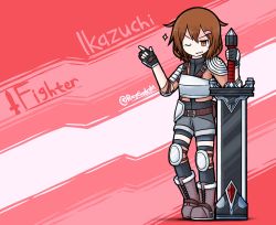 Rule 34 | 10s, 1girl, armor, belt, boots, breastplate, brown hair, character name, cross-laced footwear, dungeons &amp; dragons, fingerless gloves, gloves, greatsword, hair ornament, hairclip, highres, holding, holding sword, holding weapon, ikazuchi (kancolle), kantai collection, lace-up boots, one eye closed, raythalosm, short hair, shoulder armor, solo, sparkle, sword, weapon