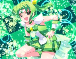 Rule 34 | 1boy, ara (sora-ageha), bike shorts, bike shorts under skirt, bishounen, checkered background, cosplay, crossdressing, cure march, cure march (cosplay), green background, green hair, green shorts, green skirt, green theme, grey eyes, hand on own hip, inazuma eleven, inazuma eleven (series), look-alike, magical girl, male focus, midorikawa ryuuji, name connection, open mouth, precure, short hair, shorts, shorts under skirt, skirt, smile, smile precure!, solo, star (symbol), starry background, trap, twintails
