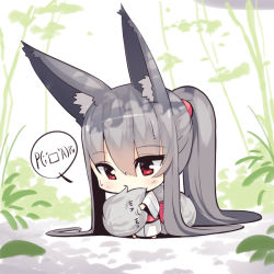 Rule 34 | 1girl, absurdly long hair, animal ears, barefoot, blush, chibi, covered mouth, day, fox ears, fox girl, fox tail, hair between eyes, holding own tail, japanese clothes, kimono, long hair, long sleeves, original, outdoors, ponytail, red eyes, sidelocks, silver hair, solo, standing, sweat, tail, very long hair, white kimono, wide sleeves, yuuji (yukimimi)