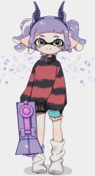 Rule 34 | 1girl, black shorts, blunt bangs, candy print, dolphin shorts, fake horns, freckles, full body, grey background, grey eyes, gym shorts, holding, holding weapon, horns, inkling, inkling girl, inkling player character, long sleeves, loose socks, maco spl, nintendo, pointy ears, purple hair, red sweater, shadow, short hair, short shorts, short twintails, shorts, socks, solo, splatoon (series), splatoon 2, splattershot jr (splatoon), striped clothes, striped sweater, sweater, tentacle hair, twintails, weapon, white legwear