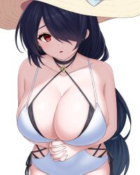 Rule 34 | 1girl, asamura hiori, bare shoulders, black hair, blue archive, blush, breasts, choker, cleavage, collarbone, hair over one eye, halo, hat, highres, hinata (blue archive), hinata (swimsuit) (blue archive), huge breasts, long hair, looking at viewer, one-piece swimsuit, parted lips, red eyes, solo, sun hat, swept bangs, swimsuit, white one-piece swimsuit