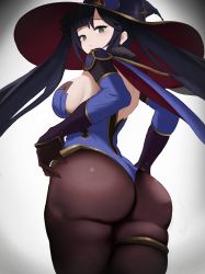 Rule 34 | 1girl, absurdres, ass, black hair, blush, breasts, cape, detached sleeves, from behind, from below, genshin impact, gloves, green eyes, hat, highres, huge ass, large breasts, leotard, long hair, looking at viewer, looking down, mona (genshin impact), pantyhose, shiny clothes, sideboob, smile, solo, thighlet, twintails, very long hair, yy