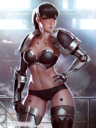Rule 34 | 1girl, adeptus astartes, armor, armored boots, artist name, black bra, black panties, boots, bra, breasts, brown hair, cleavage, collarbone, gauntlets, grey eyes, hand on own hip, highres, iron hands (warhammer), lips, long hair, mechanical arms, medium breasts, mole, mole under eye, navel, panties, parted lips, pauldrons, ponytail, power armor, shoulder armor, single mechanical arm, smile, solo, space marine, stomach, strapless, strapless bra, themaestronoob, underwear, warhammer 40k, watermark, web address