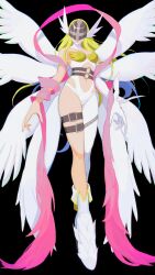 Rule 34 | 1girl, angel wings, angewomon, asymmetrical legwear, asymmetrical sleeves, belt, belt buckle, black background, black belt, blonde hair, bodysuit, buckle, closed mouth, clothing cutout, commentary, covered eyes, curvy, digimon, digimon (creature), feathered wings, full body, gloves, helmet, highres, leg belt, lips, long hair, multiple wings, navel, navel cutout, pink shawl, rae (hexedwithluck), revealing clothes, shawl, shiny skin, simple background, single glove, single sleeve, solo, stomach, stomach cutout, very long hair, white bodysuit, white footwear, white gloves, white wings, wide hips, winged helmet, wings