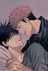 Rule 34 | 2boys, black hair, commentary request, couple, eye contact, facial mark, fushiguro megumi, fushirun rung, green eyes, green shirt, highres, holding hands, husband and husband, interlocked fingers, itadori yuuji, jacket, jewelry, jujutsu kaisen, korean commentary, long sleeves, looking at another, lying, male focus, multiple boys, open mouth, pillow, pink hair, ring, scar, scar on face, shirt, short hair, simple background, smile, spiked hair, wedding ring, yaoi