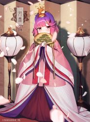 Rule 34 | 1girl, alternate costume, blush, brown eyes, character name, folding fan, hand fan, highres, holding, holding fan, japanese clothes, kantai collection, kimono, layered clothes, layered kimono, long hair, long sleeves, petals, purple hair, solo, tsushima (kancolle), twitter username, unidentified nk, wide sleeves