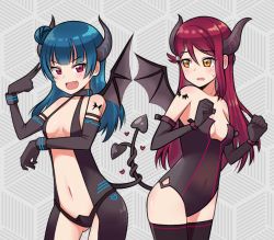 Rule 34 | 2girls, :d, black collar, black gloves, black legwear, black leotard, black wings, blue hair, blush, breasts, ceph (greatyazawa1819), cleavage, clenched hands, collar, cowboy shot, demon girl, demon horns, demon wings, elbow gloves, fang, gloves, gluteal fold, grey background, hair bun, hair ornament, hairclip, heart, highres, horns, intertwined tails, leotard, long hair, looking at another, looking at viewer, love live!, love live! school idol project, love live! sunshine!!, medium breasts, multiple girls, navel, open mouth, purple eyes, red hair, revealing clothes, sakurauchi riko, shoulder tattoo, side bun, single side bun, small breasts, smile, strapless, strapless leotard, sweatdrop, tattoo, thighhighs, tsushima yoshiko, v, v-shaped eyebrows, wing tattoo, wings, wrist cuffs, yellow eyes