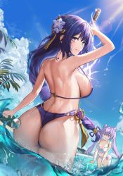 Rule 34 | 2girls, :o, arm at side, arm up, ass, back, bikini, blue sky, blush, braid, breasts, cloud, commentary, cowboy shot, cyken (cyken0718), dutch angle, electricity, genshin impact, highres, holding, holding sword, holding weapon, keqing (genshin impact), large breasts, lens flare, looking at viewer, looking back, low-braided long hair, low-tied long hair, mitsudomoe (shape), multiple girls, musou isshin (genshin impact), ocean, parted lips, purple bikini, purple eyes, purple hair, raiden shogun, sideboob, single braid, sky, smile, solo focus, strap gap, summer, sunlight, swimsuit, sword, symbol-only commentary, tattoo, thick thighs, thighs, tomoe (symbol), twintails, vision (genshin impact), wading, water, weapon, wet
