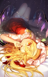 Rule 34 | 1girl, ascot, blonde hair, closed mouth, flandre scarlet, fuepo, hair between eyes, hat, hat ribbon, highres, knees up, long hair, looking at viewer, lying, mob cap, on back, on bed, one eye closed, red eyes, red ribbon, red skirt, red vest, ribbon, shirt, short sleeves, skirt, solo, tilted headwear, touhou, vest, white hat, white shirt, wings, yellow ascot