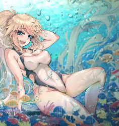 Rule 34 | 1girl, air bubble, blonde hair, blue eyes, bubble, commentary request, competition swimsuit, coral, cowboy shot, fate/grand order, fate (series), fish, high ponytail, highres, jeanne d&#039;arc (fate), jeanne d&#039;arc (swimsuit archer) (fate), jeanne d&#039;arc (swimsuit archer) (second ascension) (fate), long hair, looking at viewer, one-piece swimsuit, open mouth, ru 251, smile, solo, swimsuit, teeth, underwater, upper teeth only, whistle, whistle around neck