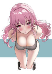 Rule 34 | 1girl, bare shoulders, blush, breasts, camisole, cleavage, collarbone, grey camisole, hareno chiame, highres, large breasts, leaning forward, long hair, looking at viewer, open mouth, original, pink eyes, pink hair, solo, thighs