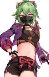 Rule 34 | 1girl, absurdres, bad id, bad twitter id, black gloves, black nails, black shorts, breasts, commentary request, genshin impact, gloves, green hair, hair between eyes, half-closed eyes, highres, hood, hood down, hooded jacket, jacket, kuki shinobu, looking at viewer, mask, mouth mask, nail polish, navel, open clothes, open jacket, partially fingerless gloves, ponytail, purple eyes, purple jacket, racchi., short shorts, shorts, simple background, small breasts, solo, white background