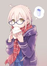 Rule 34 | 1girl, ahoge, artoria pendragon (fate), blonde hair, blue-framed eyewear, blue ribbon, blue shirt, blue skirt, braid, coat, commentary request, eating, fate/grand order, fate (series), food, french braid, glasses, grey background, hair ribbon, holding, holding food, hood, hood down, hooded coat, hooded jacket, jacket, long sleeves, looking at viewer, milk, milk carton, mysterious heroine x alter (fate), mysterious heroine x alter (first ascension) (fate), plaid, plaid scarf, pocket, purple coat, red scarf, ribbon, scarf, shirt, short hair, skirt, solo, thought bubble, yellow eyes