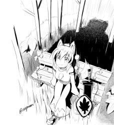 Rule 34 | 1girl, animal ears, detached sleeves, forest, greyscale, hat, inubashiri momiji, leaf, looking at viewer, looking up, monochrome, nature, pom pom (clothes), shield, short hair, signature, sitting, solo, sword, tail, taurine 8000mg, tokin hat, touhou, weapon, weapon bag, wolf ears, wolf tail