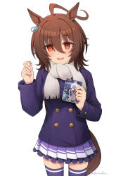 Rule 34 | 1girl, absurdres, agnes tachyon (umamusume), ahoge, animal ears, breasts, brown hair, buttons, closed mouth, double-breasted, hair between eyes, hand up, highres, holding, horse ears, horse girl, horse tail, jack (jacknoeaka), jacket, long sleeves, looking at viewer, medium hair, orange eyes, purple shirt, purple skirt, purple thighhighs, scarf, school uniform, shirt, signature, skirt, small breasts, smile, solo, tail, thighhighs, tracen school uniform, tracen winter coat, umamusume, white background, zettai ryouiki