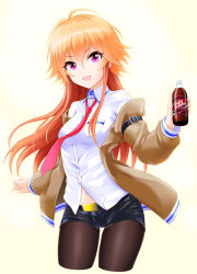 Rule 34 | 1girl, :d, absurdres, black pantyhose, black shorts, blonde hair, bottle, breasts, brown coat, brown hair, coat, collared shirt, cosplay, cowboy shot, cropped legs, dr pepper, dress shirt, eva 16-gouki, hair between eyes, highres, holding, holding bottle, idolmaster, idolmaster cinderella girls, pantyhose under shorts, long hair, long sleeves, looking at viewer, makise kurisu, makise kurisu (cosplay), medium breasts, midriff, multicolored hair, navel, necktie, ninomiya asuka, open clothes, open coat, open mouth, pantyhose, purple eyes, red necktie, shirt, short shorts, shorts, simple background, smile, solo, standing, steins;gate, stomach, thigh gap, two-tone hair, very long hair, white background, white shirt, wing collar