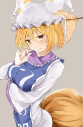 Rule 34 | 1girl, 258n, animal ears, animal hat, arm under breasts, blonde hair, blush, breasts, chopsticks, dress, food, fox ears, fox tail, grey background, hand up, hat, highres, large breasts, looking at viewer, mob cap, multiple tails, mob cap, short hair, simple background, solo, tabard, tail, touhou, upper body, v-shaped eyebrows, wavy mouth, white dress, yakumo ran