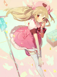 Rule 34 | &gt; &lt;, 1girl, apron, armband, bandaged wrist, bandages, blonde hair, blush, closed mouth, collared dress, commentary request, dress, floating hair, foot out of frame, hair ornament, hand up, hat, heart, heart print, highres, intravenous drip, long hair, looking at viewer, natori sana, nurse cap, pink apron, pink footwear, pink hat, pocket, puffy short sleeves, puffy sleeves, rabbit hair ornament, red armband, red eyes, sana channel, short sleeves, slippers, smile, socha (sotyahamu), solo, standing, standing on one leg, thighhighs, two side up, virtual youtuber, white dress, white thighhighs