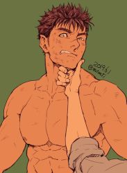 Rule 34 | 1boy, abs, bara, berserk, black hair, bruise, bruise on face, dated, enaki (mtmti), grabbing another&#039;s chin, green background, guts (berserk), hand on another&#039;s chin, injury, looking at viewer, male focus, muscular, nipples, pov, scar, short hair, simple background, solo focus, topless male, upper body, white eyes