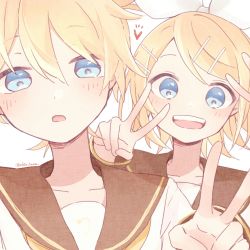 Rule 34 | 1boy, 1girl, bass clef, blonde hair, blue eyes, blush, bow, brother and sister, collarbone, detached sleeves, hair bow, hair ornament, hairclip, half-closed eyes, heart, kagamine len, kagamine rin, open mouth, sailor collar, siblings, smile, tareme, tono kabeuchi, twins, v, vocaloid