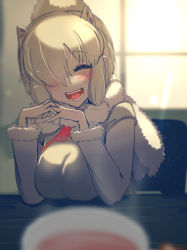 Rule 34 | 10s, 1girl, :d, ^ ^, absurdres, alpaca ears, alpaca suri (kemono friends), animal ears, at2., blonde hair, blurry, blush, breasts, cup, depth of field, closed eyes, hair over one eye, head tilt, highres, kemono friends, large breasts, long sleeves, looking at viewer, open mouth, own hands together, sitting, smile, solo focus, steam, sunlight, teacup, window