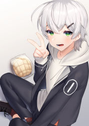 Rule 34 | 1boy, akagi kurage, blush, bread, food, game club project, green eyes, hair ornament, hairclip, highres, hood, hoodie, kazami ryou, looking at viewer, looking up, male focus, melon bread, open mouth, silver hair, sitting, smile, solo, v, virtual youtuber