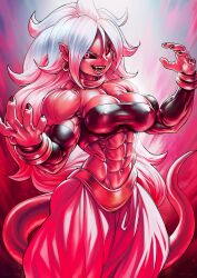 Rule 34 | abs, android 21, arabian clothes, aura, bare shoulders, black nails, black sclera, bracelet, breasts, colored sclera, colored skin, dragon ball, dragon ball fighterz, dragonball z, earrings, fangs, glowing, glowing eyes, harem outfit, jewelry, large breasts, majin android 21, monster girl, muscular, muscular arms, muscular female, nail polish, navel, pink skin, pointy ears, pokkuti, red eyes, smile, spiked hair, tail