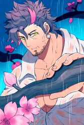 Rule 34 | 1boy, absurdres, bara, branch, collared shirt, facial hair, flower request, goatee stubble, half-closed eyes, highres, hiwen-d, holding, holding branch, large pectorals, long sideburns, looking at viewer, male focus, mature male, medium hair, multicolored hair, muscular, muscular male, original, parted lips, pectorals, pink hair, rain, see-through, shirt, sideburns, sideburns stubble, solo, streaked hair, stubble, upper body, wet, wet clothes, wet shirt