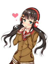 Rule 34 | 10s, 1girl, alternate hairstyle, aqua eyes, bad id, bad pixiv id, black hair, blush, breasts, brown jacket, closed mouth, crossed fingers, hair ornament, headphones, heart, heart hair ornament, jacket, kurosawa dia, long hair, long sleeves, looking at viewer, love live!, love live! school idol festival, love live! sunshine!!, low twintails, mole, mole under mouth, mtr 333, necktie, red necktie, school uniform, simple background, small breasts, smile, solo, twintails, upper body, white background, x fingers