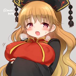 Rule 34 | 1girl, bad id, bad twitter id, black dress, blush, breast rest, breasts, breath, chinese clothes, covered erect nipples, dress, female focus, grey background, hat, huge breasts, junko (touhou), large breasts, long hair, long sleeves, looking at viewer, mashiro miru, mature female, open mouth, orange hair, red eyes, ribbon, simple background, solo, sweat, tabard, touhou, twitter username, upper body, wide sleeves