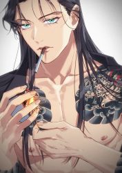 Rule 34 | 1boy, akai shuuichi, bare pectorals, black hair, black shirt, chest tattoo, cigarette, collarbone, commentary request, dragon tattoo, fingernails, fire, green eyes, grey background, highres, holding, k (gear labo), long hair, looking at viewer, male focus, matches, meitantei conan, mouth hold, nipples, open clothes, open shirt, parted lips, pectorals, shirt, simple background, solo, tattoo, toned, toned male, upper body