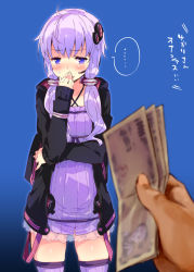 Rule 34 | ..., 1girl, ahoge, blush, covering own mouth, dress, giving, hair ornament, hood, hooded jacket, hoodie, jacket, long hair, looking at viewer, money, open mouth, petenshi (dr. vermilion), purple eyes, purple hair, religious offering, solo focus, thighhighs, translated, twintails, vocaloid, voiceroid, yuzuki yukari