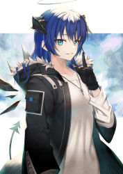 Rule 34 | 1girl, aqua eyes, arknights, black coat, black gloves, blue hair, blue sky, blush, coat, collarbone, cowboy shot, detached wings, gloves, halo, highres, hood, hood down, hooded coat, horns, index finger raised, jewelry, long hair, long sleeves, looking at viewer, mostima (arknights), necklace, open clothes, open coat, outside border, parted lips, shirt, sho (sumika), sky, smile, solo, tail, white shirt, wings