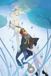 Rule 34 | 2girls, absurdres, bare shoulders, blue eyes, bubble, china dress, chinese clothes, closed eyes, closed mouth, different reflection, dress, hair between eyes, highres, honkai (series), honkai impact 3rd, in water, leaf, looking up, multiple girls, reflection, skirt, sleeveless, theresa apocalypse, zhuge kongming (honkai impact), white hair, white legwear, yichuanxue, zhuge kongming (honkai impact)