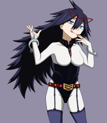 Rule 34 | 1girl, antenna hair, belt, between breasts, black hair, blue eyes, bodysuit, boku no hero academia, boots, breasts, collarbone, corset, covered navel, eyelashes, female focus, fingernails, hair between eyes, hands up, highres, large breasts, long hair, looking at viewer, mask, mask lift, midnight (boku no hero academia), mole, mole under eye, nail polish, neck, no bra, purple background, purple thighhighs, red nails, sidelocks, simple background, skin tight, smile, spiked hair, standing, thigh boots, thigh strap, thighhighs, tongue, tongue out, ysd2552