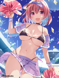 Rule 34 | 1girl, :d, arm up, bare shoulders, bikini, black bikini, black choker, blue sky, blush, breasts, cheerleader, choker, cleavage, cloud, cloudy sky, collarbone, confetti, cowboy shot, day, detached sleeves, gluteal fold, hair between eyes, halterneck, hand up, highleg, highleg bikini, highres, holding, holding pom poms, karory, large breasts, looking at viewer, melonbooks, microphone, midriff, miniskirt, navel, open mouth, original, outdoors, pink eyes, pink hair, pleated skirt, pom pom (cheerleading), pom poms, purple skirt, skindentation, skirt, sky, smile, solo, stadium, standing, strap gap, string bikini, swimsuit, underboob, wristband