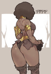 Rule 34 | 1girl, 2020, afro, aged up, armband, armor, ass, back, bare shoulders, bikini armor, black hair, breasts, commentary, cowboy shot, dark-skinned female, dark skin, dated, diana the acrobat, dungeons &amp; dragons, dungeons and dragons (tv series), english commentary, flat ass, from behind, gorget, highres, loincloth, norasuko, over-kneehighs, signature, sketch, small breasts, solo, thick thighs, thighhighs, thighs, toned, very dark skin, wide hips